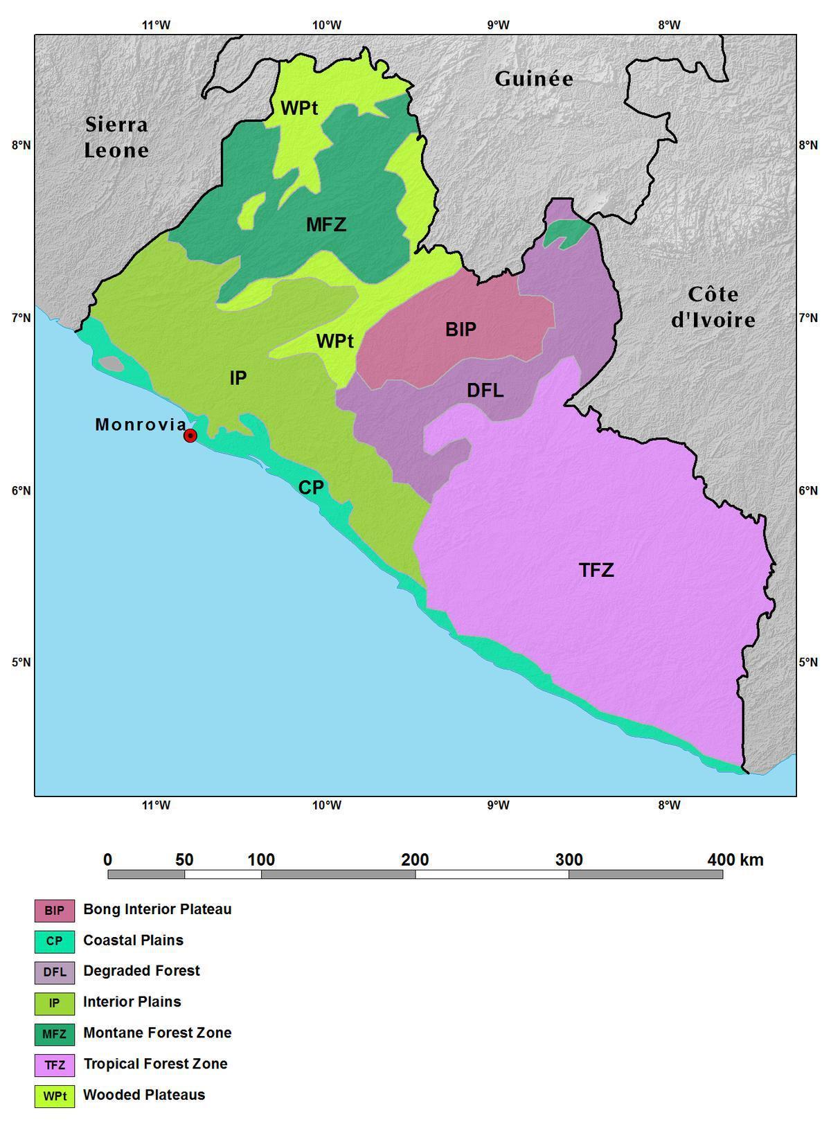 картата на Либерия планината