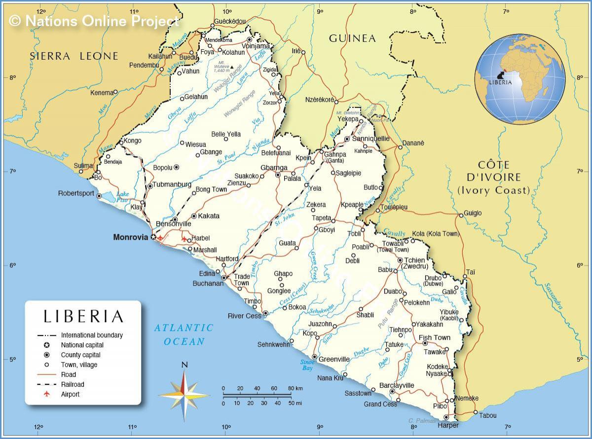 картата на Либерия Западна Африка