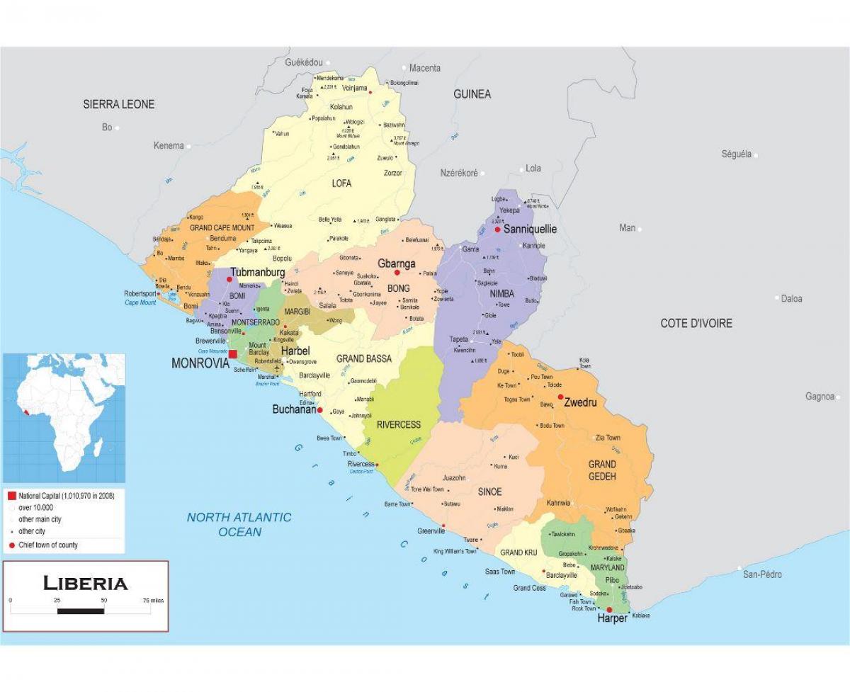 карта изготвя политическа картата на Либерия