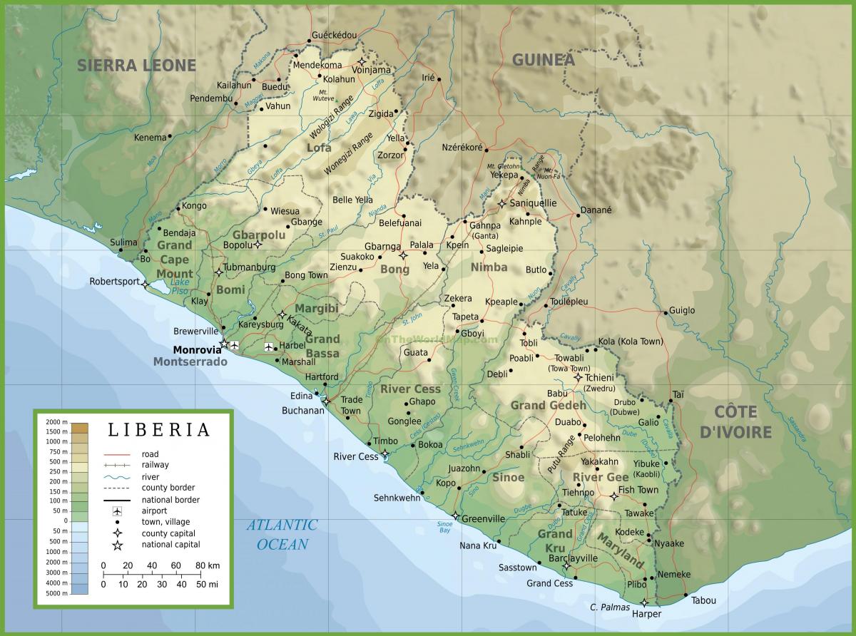 нарисува физически картата на Либерия